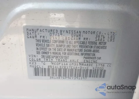 2019 Nissan Sentra Sv from USA, damaged, VIN 3N1AB7AP9KY391597